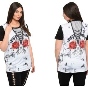 White Black Red Rose Splatter Print Lace Look Plus Size Top 1X-3X Graphic Tee
